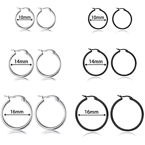 5-10 Pairs Small Gold Silver Hoop Earrings for Women, Stainless Steel Earrings Set Mens Lightweight Thin Hypoallergenic Small Hoops Set - style: 6pcs-Black+Silver