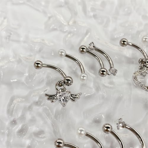 4Pcs 16G Stainless Steel Eyebrow Ring for Women Rhinestone Heart Star Wing Cross Pearl Curved Barbell Tiny Eyebrow Ring Rook Cartilage Piercing Jewelry - style: Wing