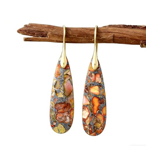 Boho Natural Imperial Jasper Teardrop Dangle Earrings for Women – Hypoallergenic French Hook Stone Drop Earrings Jewelry - color: Orange Golden Hook