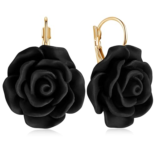Handmade Bohemian Aesthetic Dainty Acrylic Flower Petal Leverback Earrings Sparkly 14K Gold Floral Dangle Drop Earrings for Women - color: Black