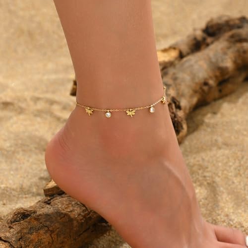 18K Gold Plated Waterproof Summer Beach Ankle Bracelets for Women | Starfish Sea Shell Pearls CZ Diamond Dangle Anklets - style: Dragonfly CZ Drop-Gold