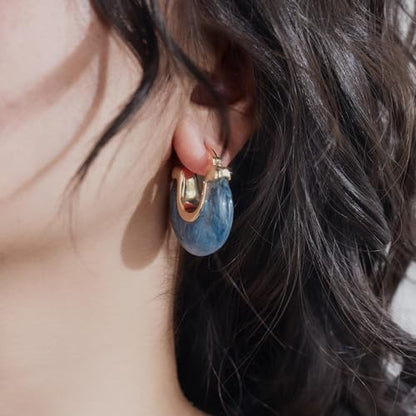 Chunky Gold Resin Hoop Earrings Leverback Statement Huggie Hoops Dangle Drop Dressy Earring Prom Festival Vacation Jewelry for Women - color: Royal Blue, size: Drop