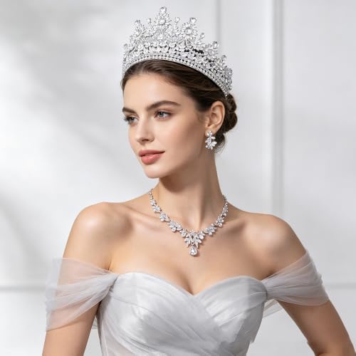 Crowns and Tiaras Jewelry Set for Women.Wedding (Gold Green) | Wedding Crown, Necklace Earrings, Princess Queen Birthday Party, Pageant Bridal, Costume Accessories - color: Silver White