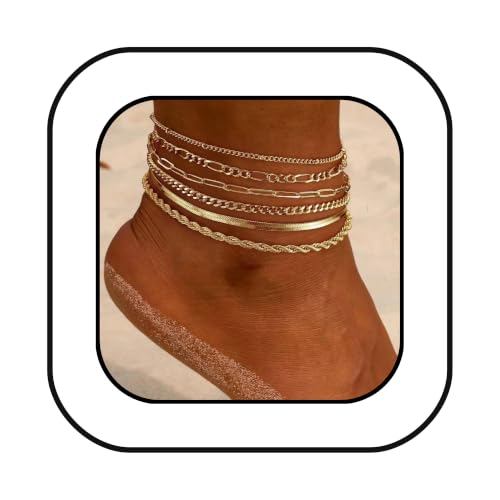 Layered Multi Chain Ankle Bracelet for Women Adjustable 8.27+1.97 Inch Foot Chain with Paperclip Rope Figaro Herringbone Cuban Links - color: Gold