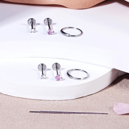 Zolure 18G/20G Flat Back Earrings Stud Threadless Nose Studs Surgical Steel Push in Earrings Tragus Cartilage Labret Helix Lip Conch Medusa Piercing Jewelry - color: 20G Silver #3