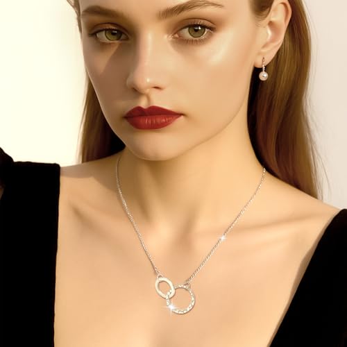 Minimalist Stainless Steel Single or Two Circular Hammered Texture Pendant Necklace for Women, 14K Gold/Silver/Rose Gold Plated Hypoallergenic Stackable Layered Collarbone adjustable Chain Necklace, Dainty Layering Necklace Jewelry Gift - style: Silver Tw