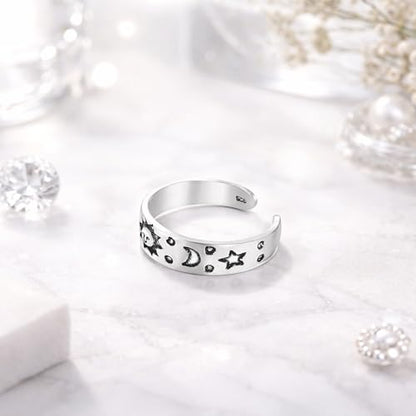 AeraVida .925 Sterling Silver Adjustable Toe Ring or Pinky Ring 5mm Wide Open Band, Stackable Minimalist Summer Foot Jewelry | Sun Moon Star Turtle Butterfly Leaf Olive Branch Ocean Wave Yin Yang Design - style: Celestial Sky 1