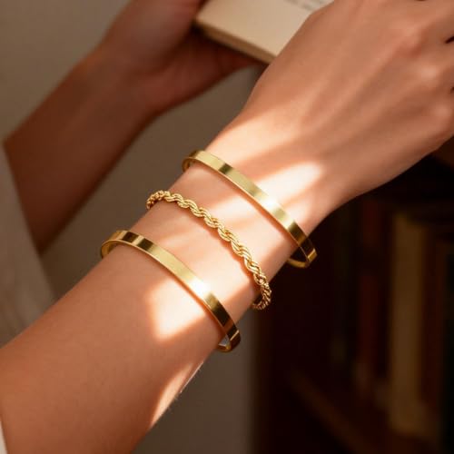 Gold Bracelets for Women, 14K Gold Plated Bangle Cuff Bracelets Stack for Women, Dainty Waterproof Stackable Bracelet Jewelry Gifts