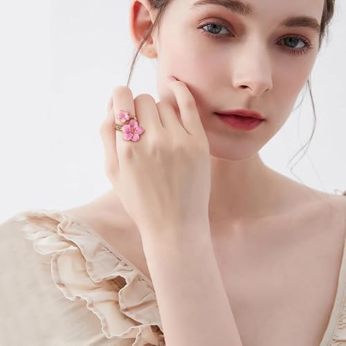 NewZenro Elegant Flower Enamel Adjustable Open Ring for Women Gold-Tone Plated Chic Cherry Blossoms Floral Statement Finger Wrap Band Rings Comfort Fit Wedding Party Prom Fashion Jewelry - color: Pink