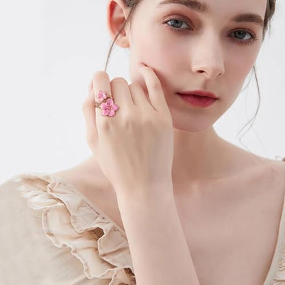 NewZenro Elegant Flower Enamel Adjustable Open Ring for Women Gold-Tone Plated Chic Cherry Blossoms Floral Statement Finger Wrap Band Rings Comfort Fit Wedding Party Prom Fashion Jewelry - color: Pink