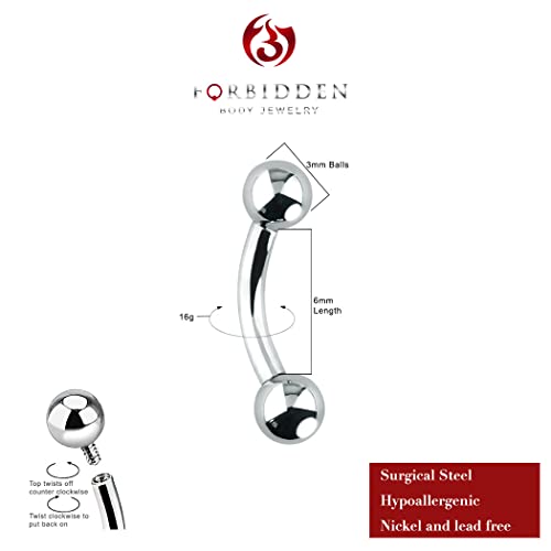 Forbidden Body Jewelry Curved Barbell Piercing Jewelry - 00GA-16GA Silver Eyebrow Piercing - Surgical Steel Snake Eye Frog Eyes Tongue Rings & Belly Rings for Women (6/14mm Bar, 3/12mm Balls) - style: 16GA, 6mm Length, 3mm Balls