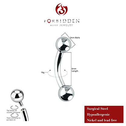 Forbidden Body Jewelry Curved Barbell Piercing Jewelry - 00GA-16GA Silver Eyebrow Piercing - Surgical Steel Snake Eye Frog Eyes Tongue Rings & Belly Rings for Women (6/14mm Bar, 3/12mm Balls) - style: 16GA, 6mm Length, 3mm Balls