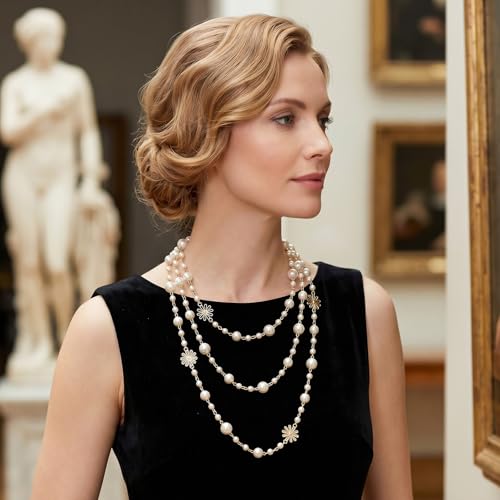 63" Long Pearl Necklace – Vintage Elegant Imitation Pearl Flower Strand, Fashion Layered Body Jewelry for Summer Dresses, Beach Cover-Up & Evening Outfits – Gift for Women