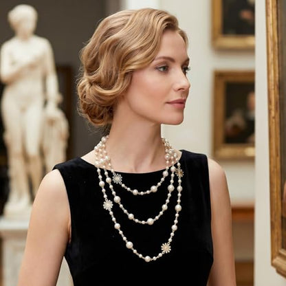 63" Long Pearl Necklace – Vintage Elegant Imitation Pearl Flower Strand, Fashion Layered Body Jewelry for Summer Dresses, Beach Cover-Up & Evening Outfits – Gift for Women