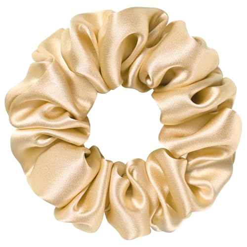 Silk Scrunchie 1.4" Medium Wide 6A 22 Momme 100% Mulberry Silk Hair Ties,Gentle on Hair No Damage No Crease for Women Girls Curly Thick Wavy Hair,Sample Fabric Provided (1, Champagne) - color: Champagne