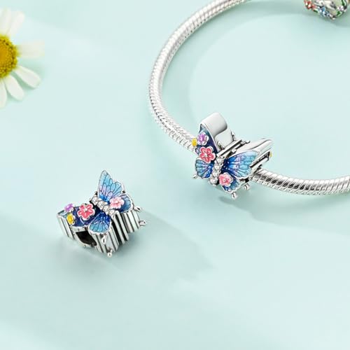 LNQOBU 925 Sterling Silver Charms for Bracelets Dangle Pendant fit Pandora Bracelets or Necklaces Jewelry Woman Gift Beads Charm (With one Spacer Beads) - style: Flower Butterfly Beading