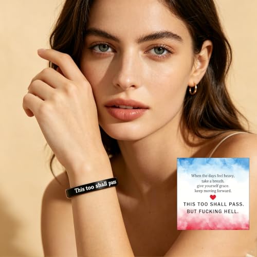 This Too Shall Pass But F*cking Hell Mantra Cuff Bracelets, Stainless Steel Inspirational Cuff Bracelets with Hidden Message Engraved Bracelet Open Adjustable Self-Reminder Bangle Motivational Jewelry for Women - color: Black