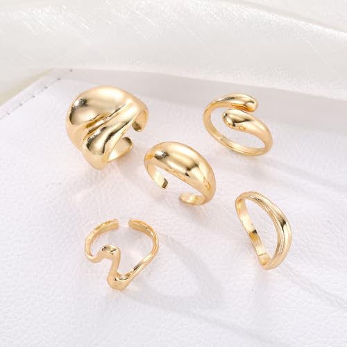 Chunky Rings for Women Non Tarnish 14k Stackable Dome Statement Rings Sets Vintage Dainty Knuckle Open Midi Finger Rings Jewelry Pack Gifts - style: 5PCS