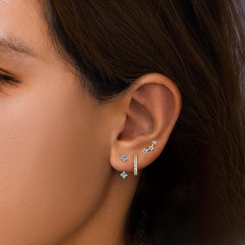 3 Pairs Dainty Small Earrings Set for Women Trendy, Birthstone Stud Huggie Hoop Jacket Stack for Cartilage Helix, Gold Plated Hypoallergenic Cute Women Fashion Accessories Western Jewelry Gifts - color: 12Blue Created Topaz-Dec (Gold)