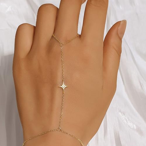 925 Sterling Silver Hand Chain Bracelet for Women | 14k Gold Plated CZ Crystal Heart Starburst Ring Bracelets Hand Chain Diamond Layered Stackable Link Chain Beach Jewelry Gifts - color: GoldA