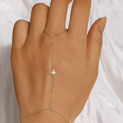 925 Sterling Silver Hand Chain Bracelet for Women | 14k Gold Plated CZ Crystal Heart Starburst Ring Bracelets Hand Chain Diamond Layered Stackable Link Chain Beach Jewelry Gifts - color: GoldA