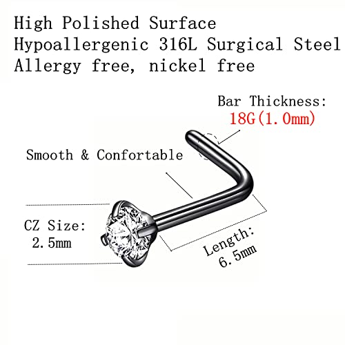 316L Surgical Steel 22g/20g/18g Nose Rings Studs L-Shape Nose Nostrial Piercing Body Jewerly L Shaped Nose Studs 1.5mm 2mm 2.5mm 3mm CZ Nose Screw Studs Rings for Women - style: 6pcs/L-shape/18g/2.5mm Clear CZ/Black