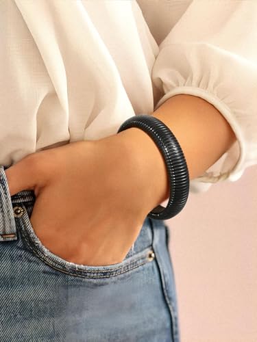 KeyStyle Bangle Bracelets For Women, Stainless Steel Stretch Bracelet Wide | 14K Gold/Rose Gold/Black/Silver Plated Flexible Wide Twisted Link Chain Wristband Jewelry, 10Mm, 16Mm, 20Mm - color: 16mm -Black