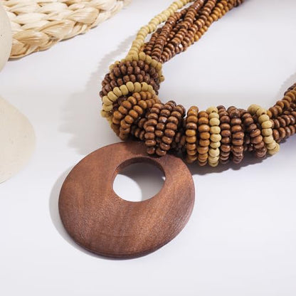 Coiris Chunky Necklaces for Women Statement Wooden Beaded Funky Boho Circle Pendant Necklace Jewellery Gift for Women - color: Wood