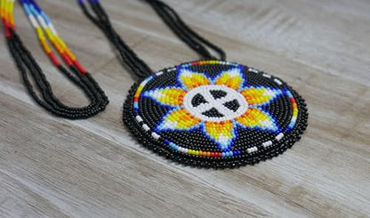 Handmade Native American Style Tribal ethnic Seed Bead Beaded Layered Medallion Necklace - color: Sunburst - Black