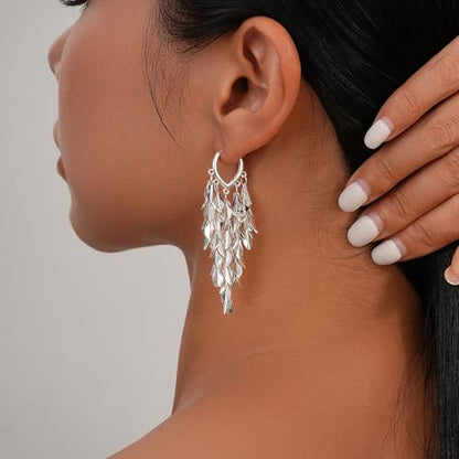 Sylph 14K 18K Gold Plated Chandelier Earrings for Women, Long Tassel Earring Huggie, Silver Leaf Dangle Drop Earrings, Dainty Bohemian Jewelry Gifts for Wedding Everyday Wear - color: A-Silver Chandelier Earrings