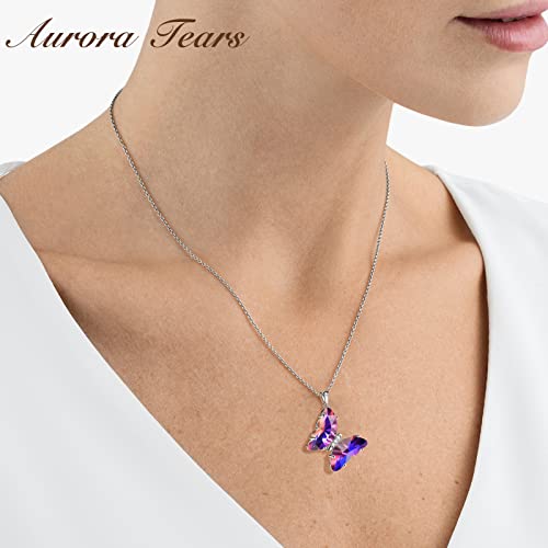 Aurora Tears Butterfly Necklace Earrings Ring Bracelet - Women 925 Sterling Silver Animal Butterflies Birthstone Pendant Crystal Wedding Birthday Jewelry - color: pendant-B.February