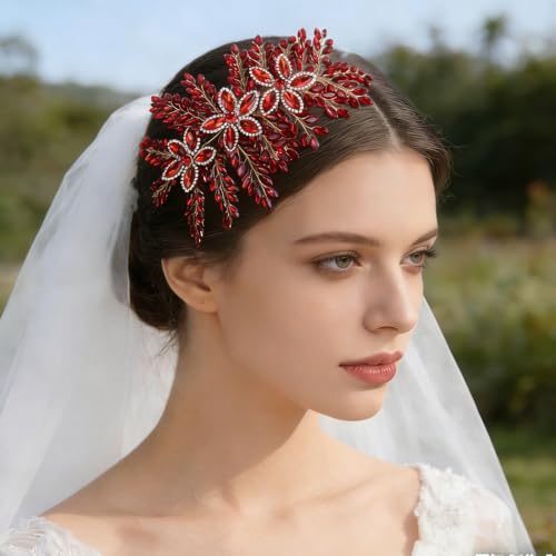 Teyglen Large Full Rhinestone Headband Flower Crystal Bride Wedding Headband Hair Vine Bridal Rhinestone Headpiece Wedding Hair Accessories for Women Party Prom (Red) - color: Red