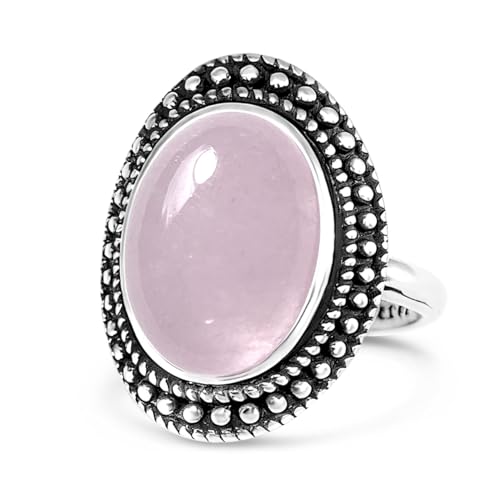 Retro Sterling Silver Stone Ring,Antique Natural Real Oval Crystal Quartz Gemstone Boho Bohemian Ring Jewelry for Women - color: A11_Rose Quartz