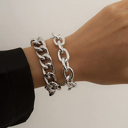 Boho Fashion Dainty Simple Gold Silver Chain Beads Bracelets Set for Women Adjustable Beaded Chunky Flat Cable Chain Punk Bracelets Jewelry for Women Gift Set of 2 (Silver) - color: Silver