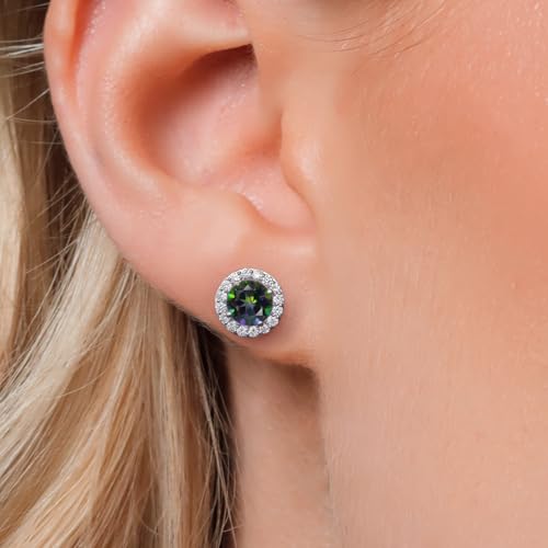Gem Stone King 14K White Gold 6MM Round Gemstone Birthstone Stud Earrings with Removable Jackets and Lab Grown Diamond Accents | Gold Earrings For Women | Fine Jewelry Gift for Her Mom Women Wife - color: Green Mystic Topaz