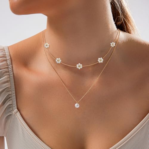 Zeffy Gold Pearl Necklace for Women, Dainty 14K Gold/Silve Plated Layered Pearl Choker Pearl Earrings Pearl Bracelets Wedding Trendy Gold Jewelry Set for Women Gifts - style: Gold Pearl Daisy Necklace-2PCS