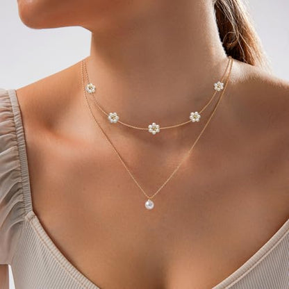 Zeffy Gold Pearl Necklace for Women, Dainty 14K Gold/Silve Plated Layered Pearl Choker Pearl Earrings Pearl Bracelets Wedding Trendy Gold Jewelry Set for Women Gifts - style: Gold Pearl Daisy Necklace-2PCS