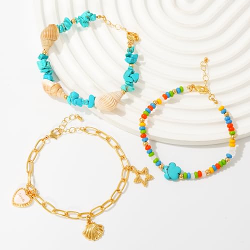 LALAPPLE Shell Bracelet Boho Beaded Stretch Bracelets for Women Seashell Strand Bracelets Starfish Charm Jewelry Summer Beach Jewelry Stackable Crystal Gold Plated Beads Bracelet for Women - style: T-Style6