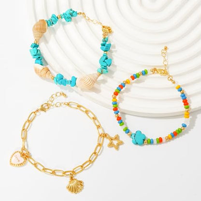 LALAPPLE Shell Bracelet Boho Beaded Stretch Bracelets for Women Seashell Strand Bracelets Starfish Charm Jewelry Summer Beach Jewelry Stackable Crystal Gold Plated Beads Bracelet for Women - style: T-Style6