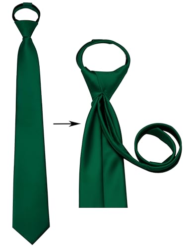 Branduce 3.15"（8cm） Mens Solid Satin Tie Pre-tied Adjustable Zipper Necktie for Business and Wedding - color: Hunter Green