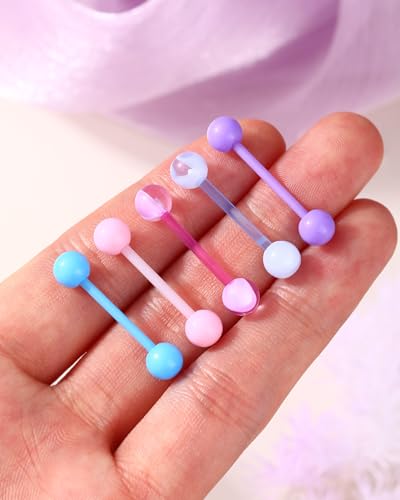 Jewseen 5PCS Tongue Barbells 14G Acrylic tongue piercing jewelry Candy Color tounge bars tongue piercing jewelry tongue rings for women - color: Blue