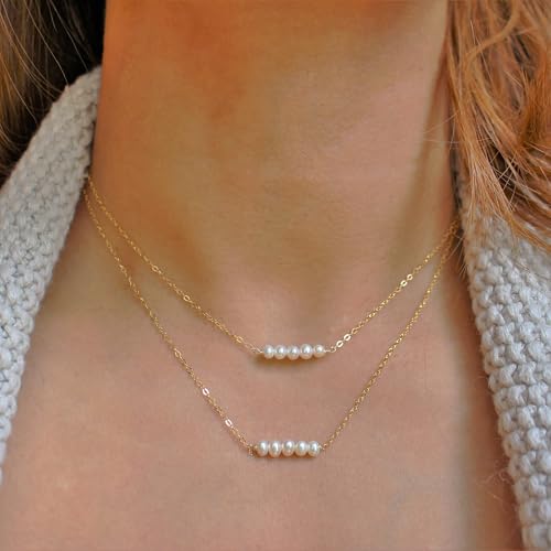 Pearl Necklace for Women, Dainty Pearls Choker Necklace for Women 14K Gold Plated Layered Pendant Necklace Handmade Gold Chain Necklace Everyday Jewelry Gift - color: Five Pearls-Gold