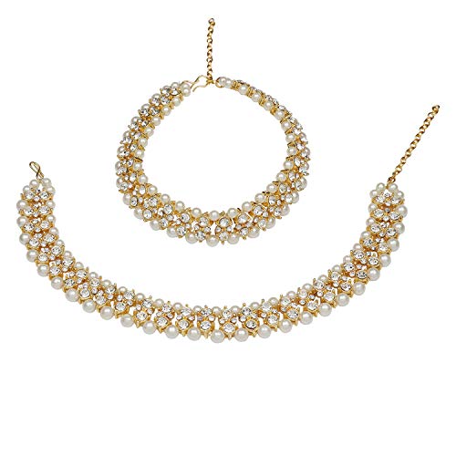 Efulgenz Indian Anklet Bracelet Bridal Crystal Faux Pearl Jhanjara Payal - color: White Gold