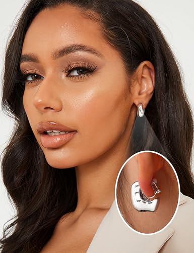 BESTEEL 3Pairs Clip on Earrings for Women Trendy Chunky Hoops Fake Earrings | Hypoallergenic 14K Gold Plated Lightweight Tube Croissant Waterdrop Clip-on Earrings Set Non Pierced Earrings Jewelry Gift - color: Silver-Trendy