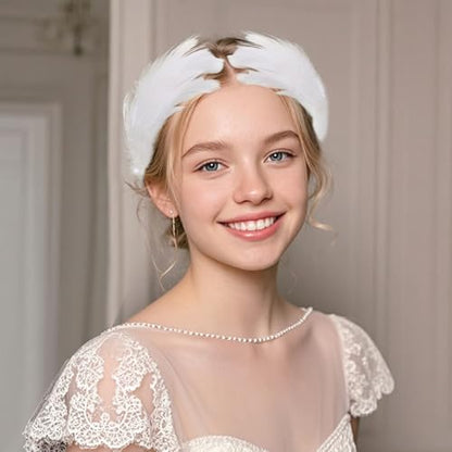 White Feather Headpiece and Swan Headpiece, Elegant Faux Plume Ballet Costume Accessories for Women, Pearl Decorative Feather Hair Clip Set for Wedding Prom, 2 Pcs