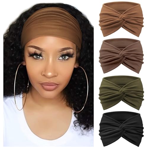 DRESHOW 4 Pack Turban Headbands for Women Wide Vintage Head Wraps Knotted Cute Hair Band Accessories - color: 4 Pcs: Black, Brown, Dark Coffee, Army Green