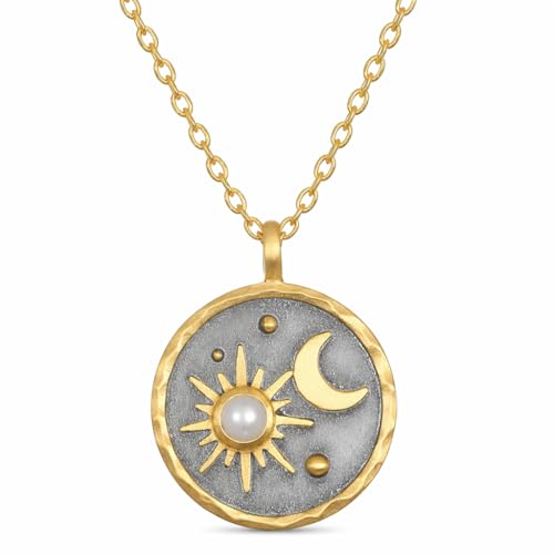 Gold Sun Moon and Stars Pendant Necklace with Birthstone Crystals as Center of Sun, Two-Tone Stainless Steel, Celestial Theme, Astrology Gift for Women, 16-20 Inch Adjustable Cable Chain - color: June Moonstone