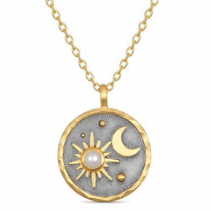Gold Sun Moon and Stars Pendant Necklace with Birthstone Crystals as Center of Sun, Two-Tone Stainless Steel, Celestial Theme, Astrology Gift for Women, 16-20 Inch Adjustable Cable Chain - color: June Moonstone