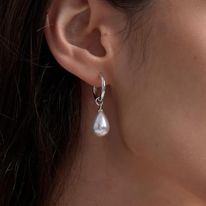 14k Gold Plated Lightweight Pearl Earrings,Trendy Jewelry,Teardrop Hoop Earrings for Women,Pearl Drop Earrings,Elegant Jewelry for Gifts - color: Circle Pearl Silver