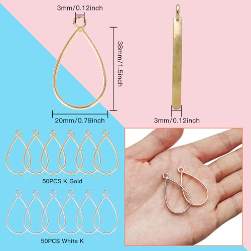 100pcs Open Bezel Pendants Teardrop Open Back Frame Pendant Hollow Frame Pendants Resin Casting Frame Pendant for Pressed Flower, Earrings, Bracelet, DIY Crafts(K Gold,White K) - color: K Gold,White K;Teardrop
